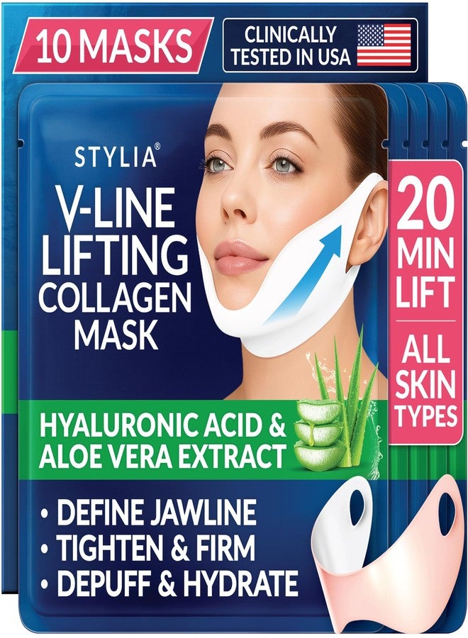 Stylia V Line Lifting Collagen Mask - Lift, Firm & Contour Jawline - Tightening Double Chin Strap with Hyaluronic Acid & Aloe - Neck Tightening and Lifting Mask - Jawline Shaper Face Lift Tape (10PC) - Image 1